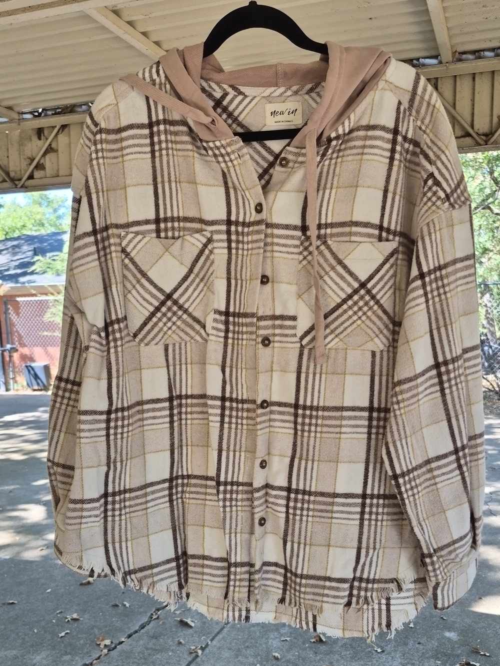 Plaid Hooded Utility Shacket - Cream & Taupe